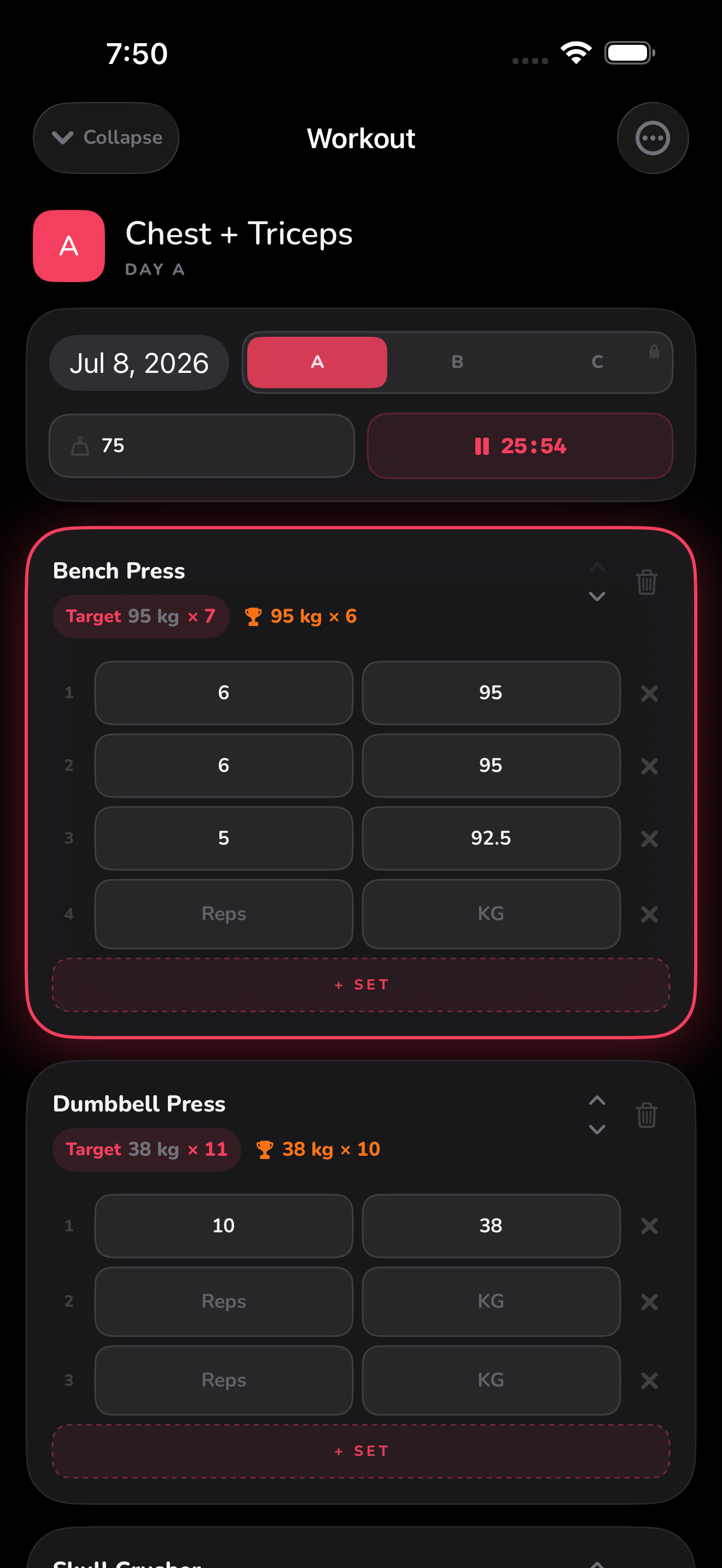 Gymfy workout logging screen with a live timer and sets