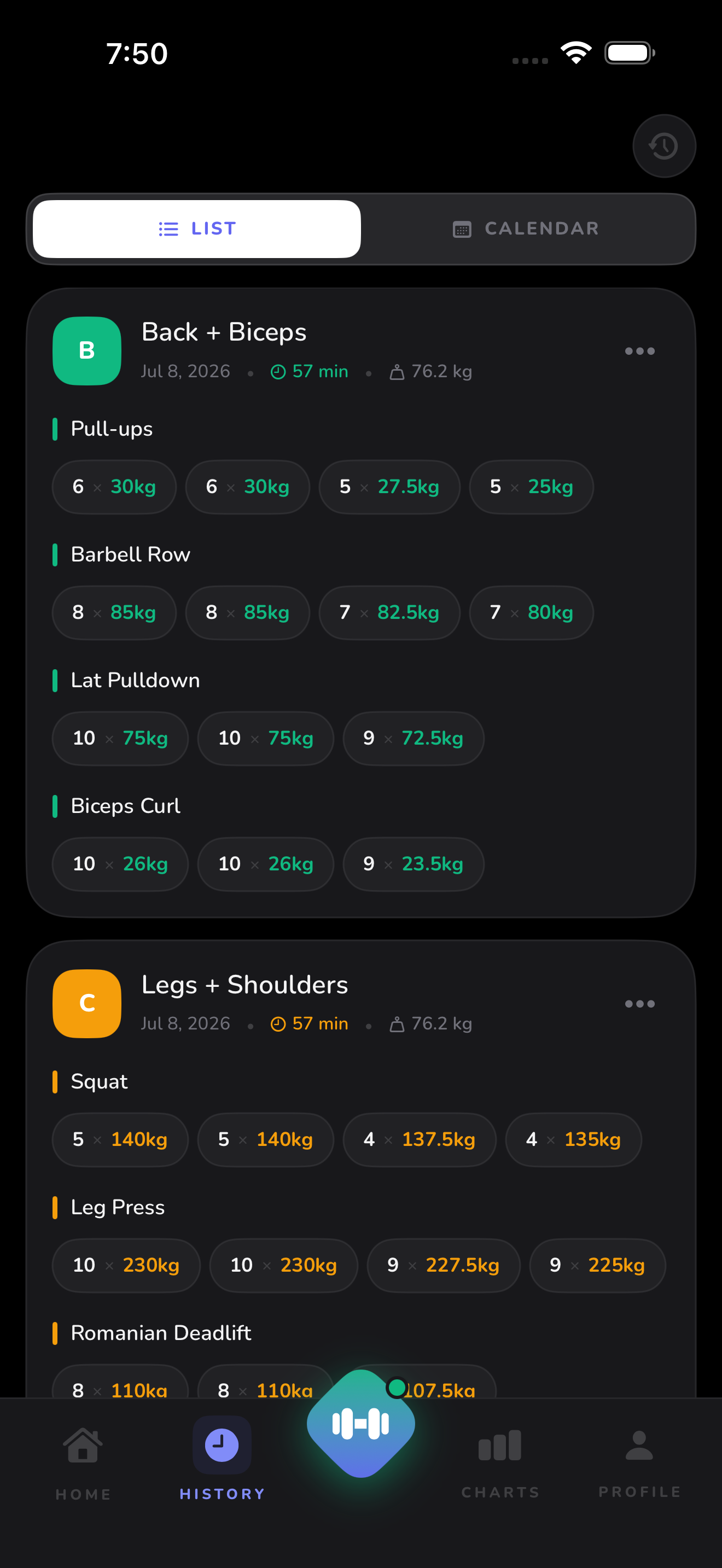 Gymfy history list of past workouts with logged sets
